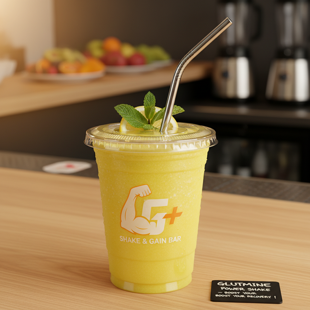 Un gobelet en plastique contenant un smoothie jaune, décoré d'une tranche de citron et de menthe, posé sur un comptoir avec une petite ardoise indiquant « Glutmine Power Shake ».