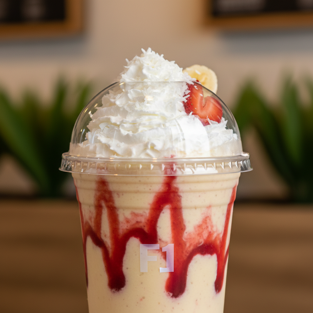 Un smoothie crémeux dans un gobelet en plastique, garni de crème fouettée, de noix de coco râpée, d'une tranche de fraise et d'une rondelle de banane, avec un coulis de fruits rouges coulant sur les parois.