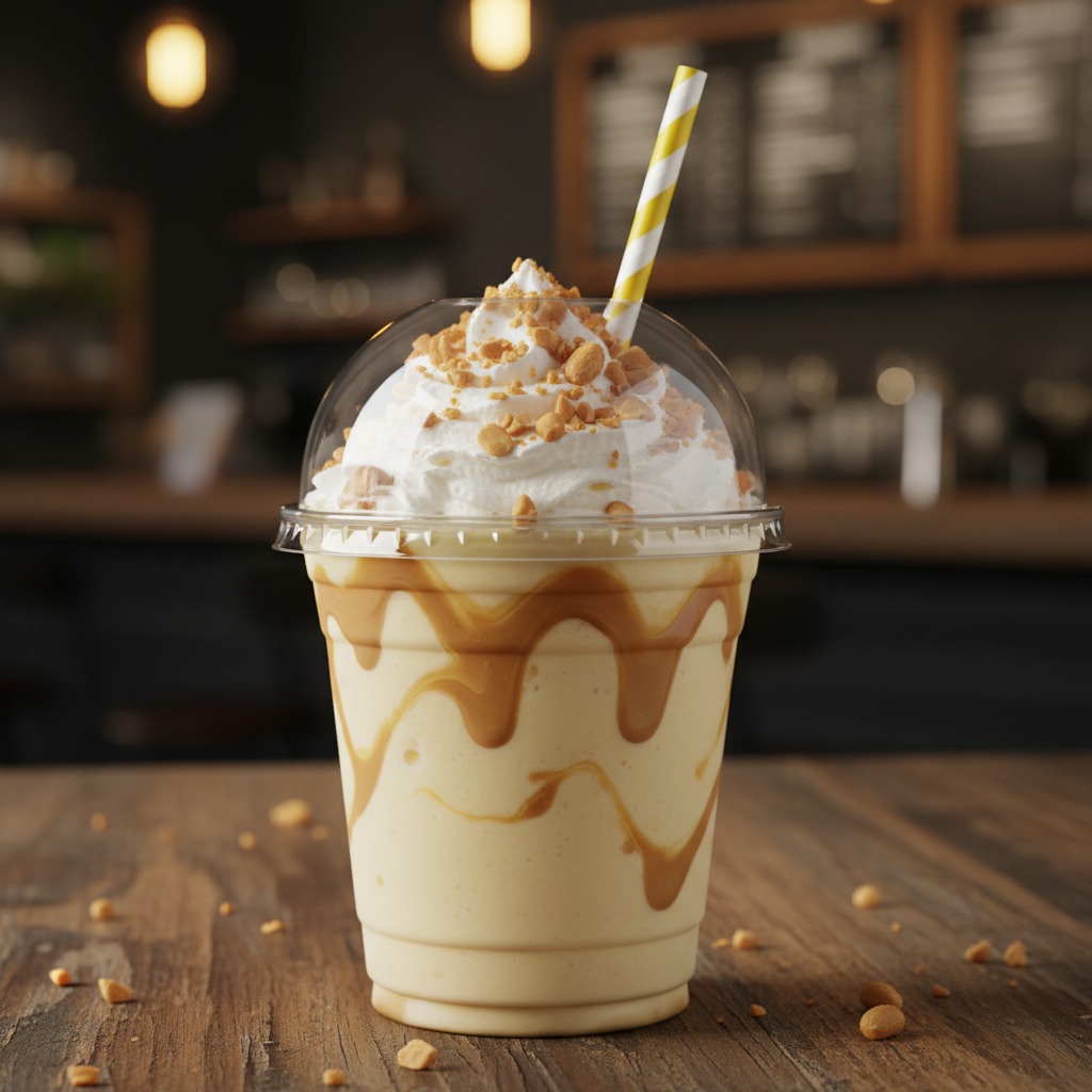 Un milkshake au caramel garni de crème fouettée et d'éclats de cacahuètes dans un gobelet en plastique avec une paille rayée jaune et blanche.