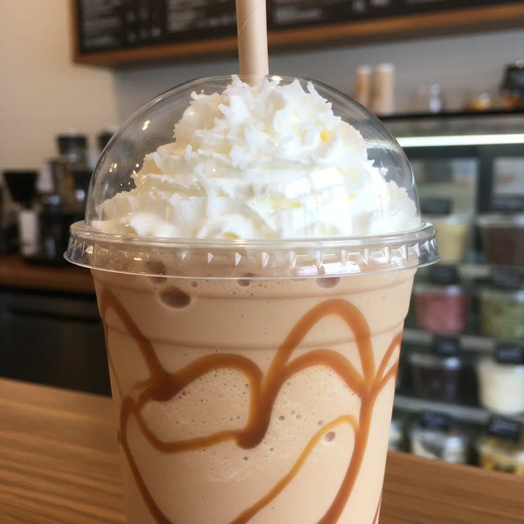 Un café frappé au caramel surmonté de crème fouettée dans un gobelet en plastique avec une paille.